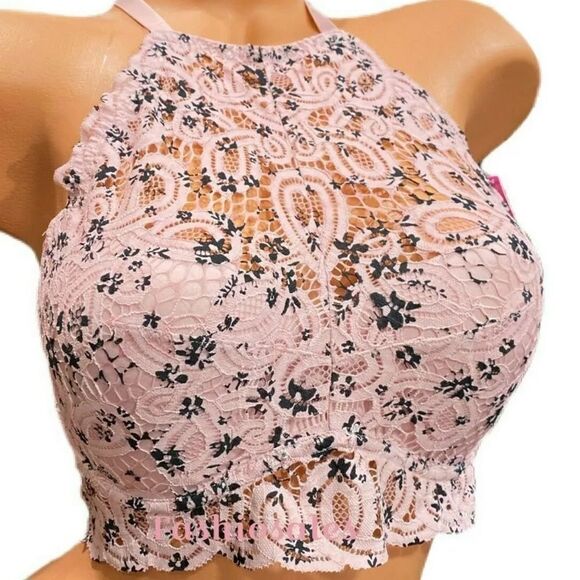 Victorias Secret PINK Push Up Padded High Neck Floral Lace Bralette bra pink L - Picture 3 of 4